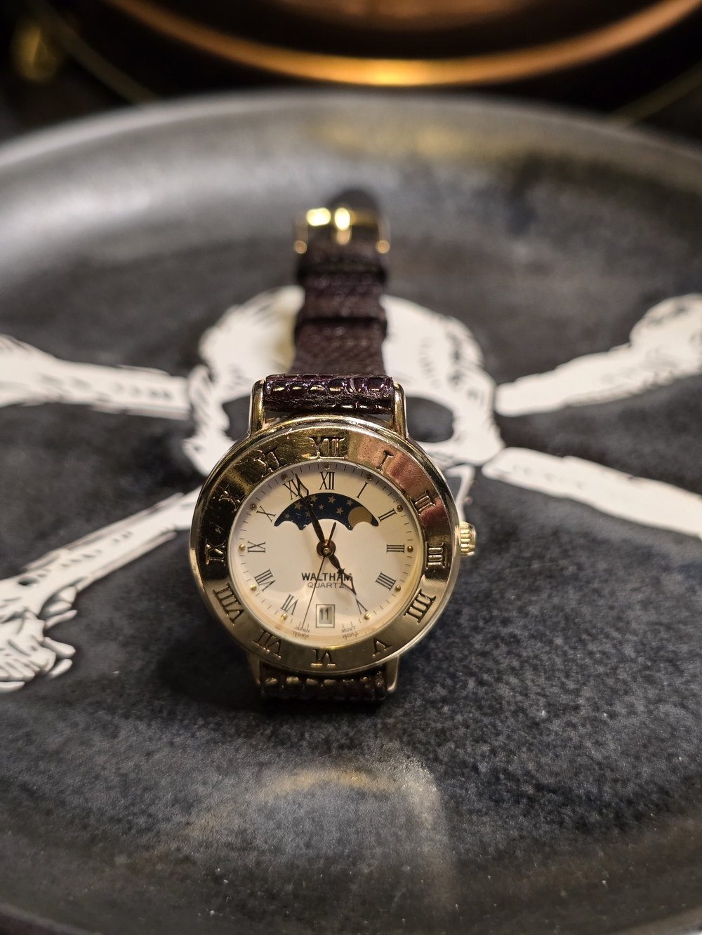 Waltham Gold-Tone Moonphase Watch with Brown Leather Strap